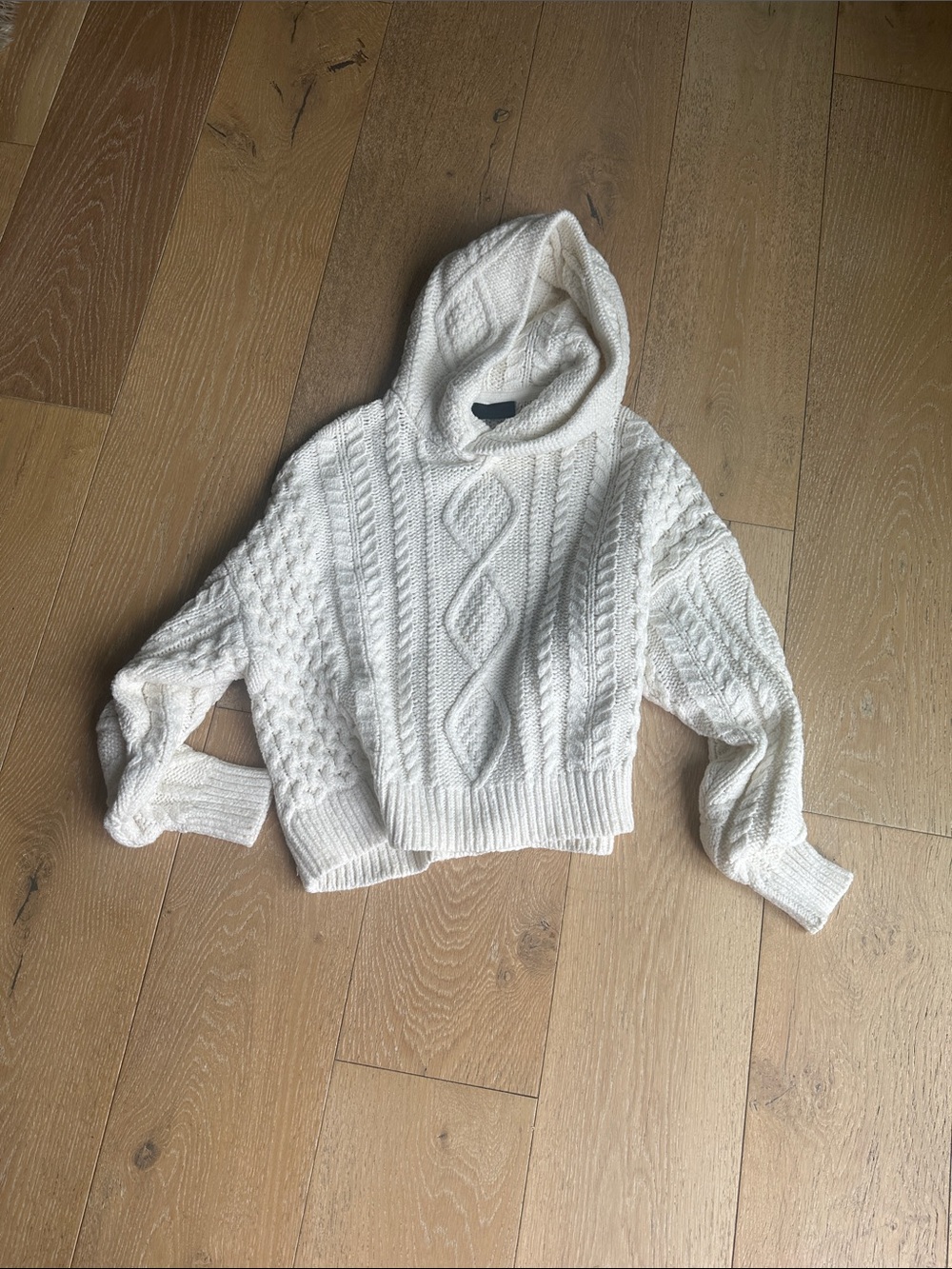 Cabled Hooded Turtleneck Sweater - Cream